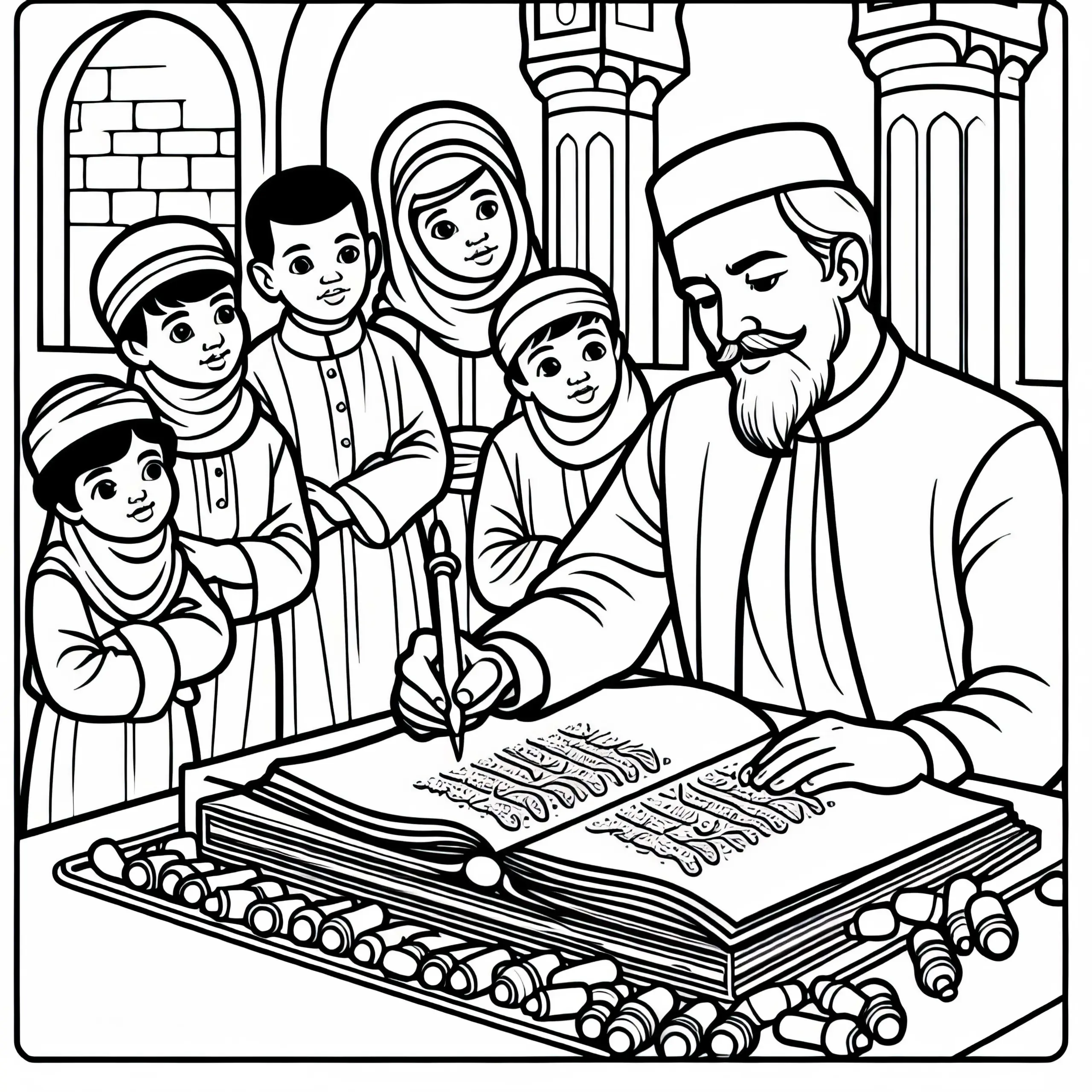 Mann beim Zeichnen arabischer Schriftzeichen – Malvorlage islamische Kultur gratis (Ausmalbild)