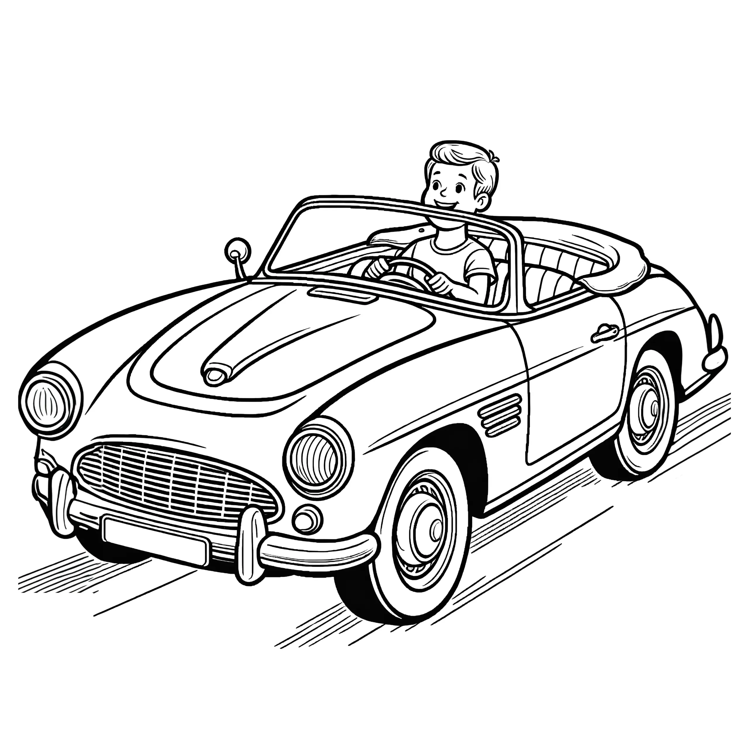Mann fährt mit Cabrio als Oldtimer: Malvorlage zum Download (Gratis) (Ausmalbild)