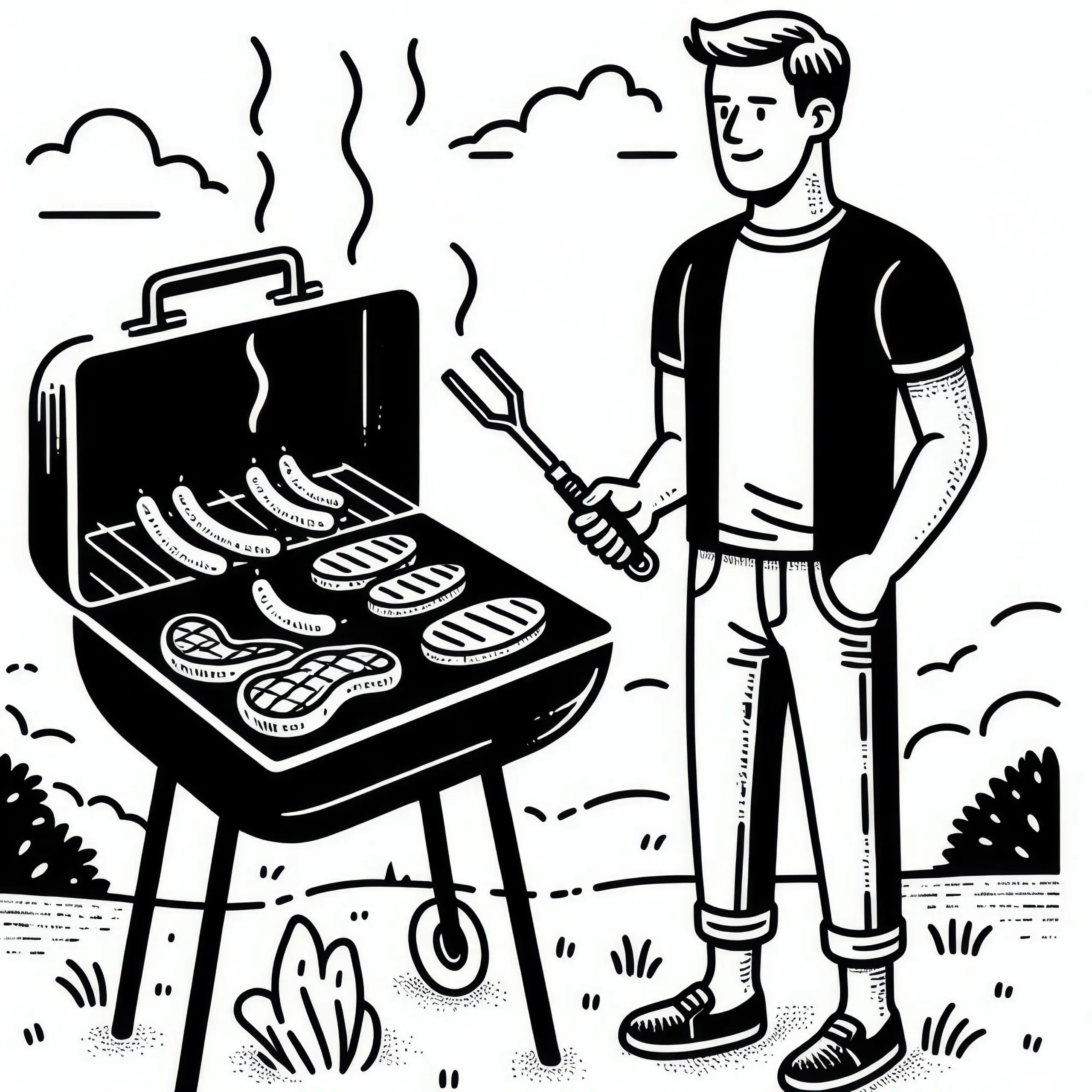 Mann am Grill mit Grillzange am Männertag: Gratis Malvorlage zum Download (Ausmalbild)