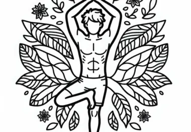 Mann macht Baum-Pose und balanciert auf einem Bein – Yoga Malvorlage kostenlos