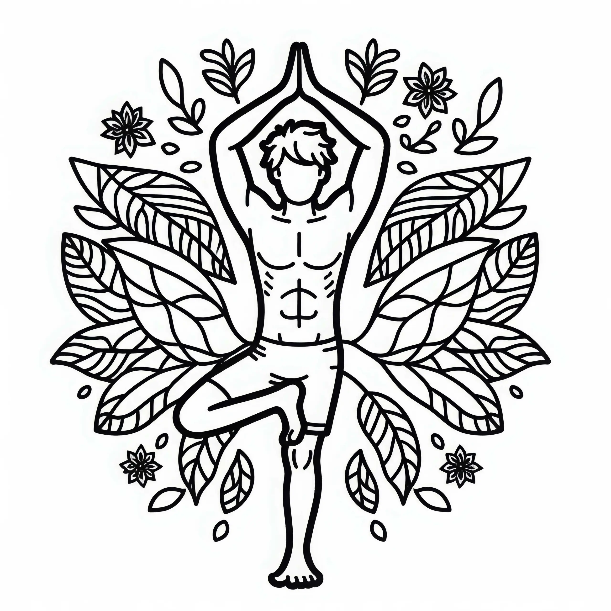 Mann macht Baum-Pose und balanciert auf einem Bein – Yoga Malvorlage kostenlos (Ausmalbild)