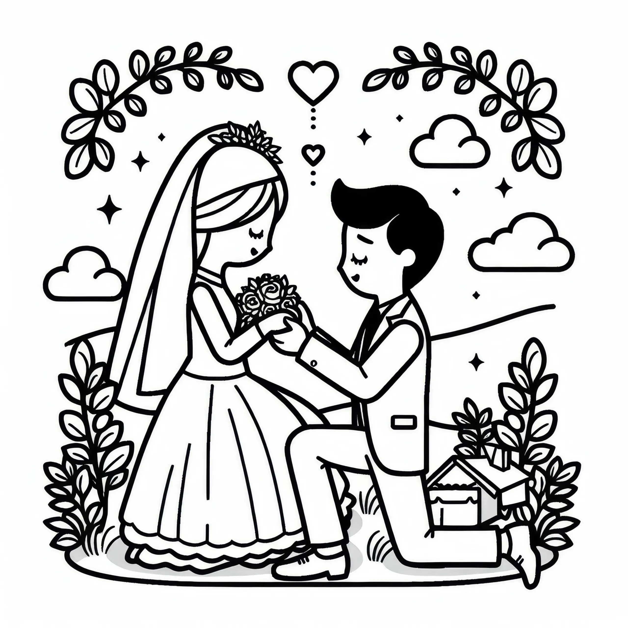 Mann macht Frau Antrag zur Hochzeit – Ausmalbild kostenlos