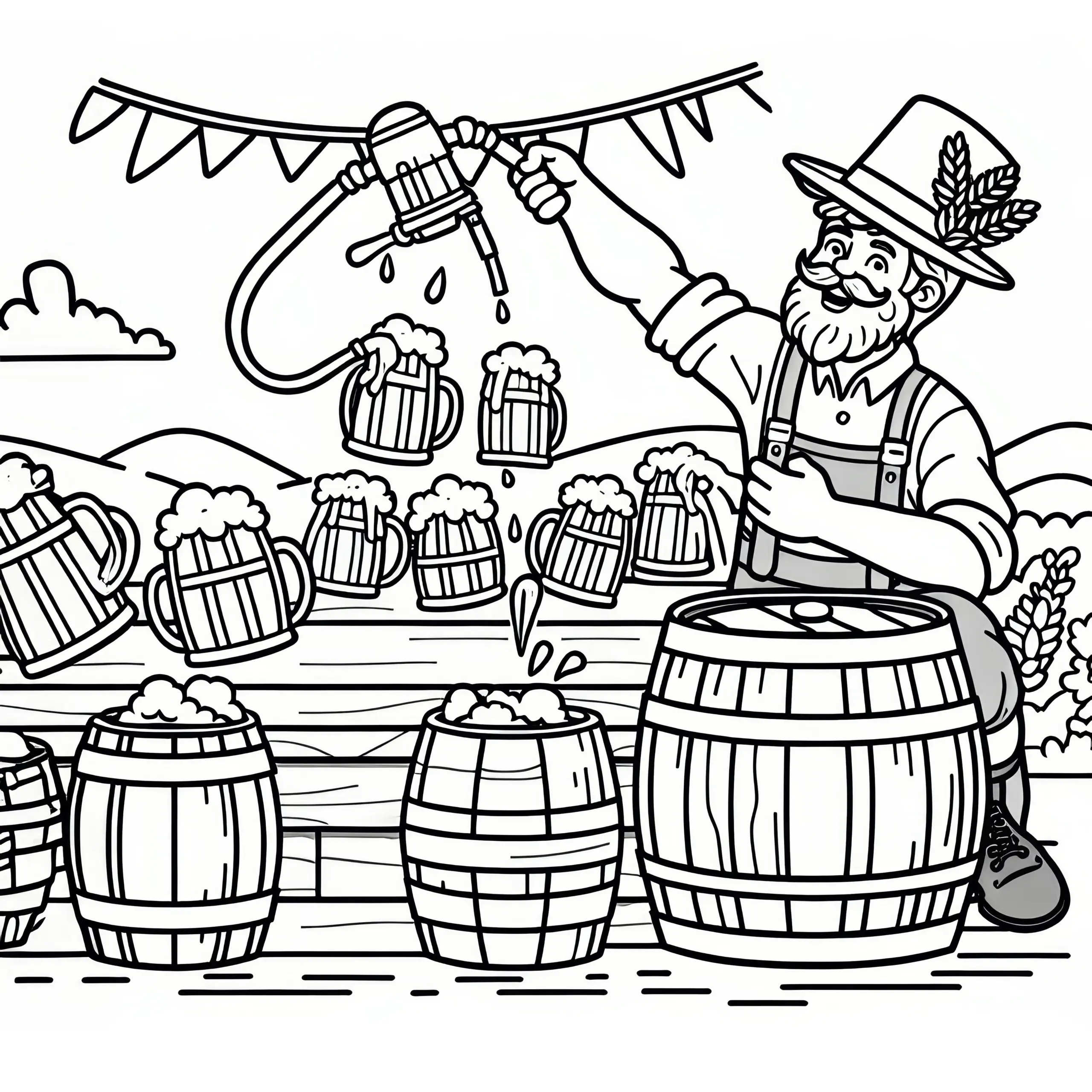 Mann zapft voller Freude Bier: Lustiges Ausmalbild zum Download (Kostenlos)