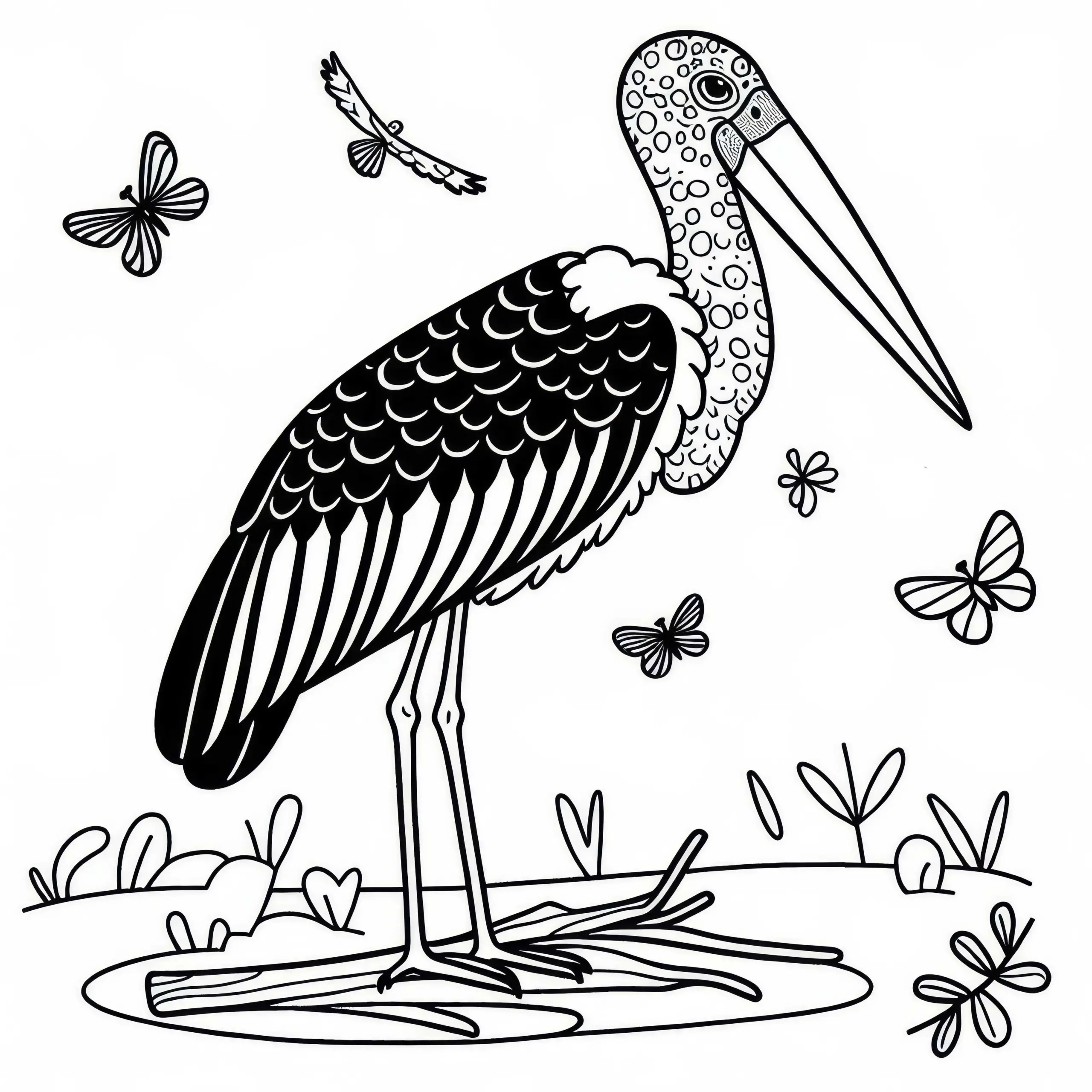Marabu Malvorlage: Ausmalbild vom Marabou-Storch aus Afrika