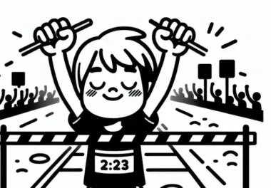 Marathonläufer überquert mit erhobenen Armen die Ziellinie – Ausmalbild kostenlos
