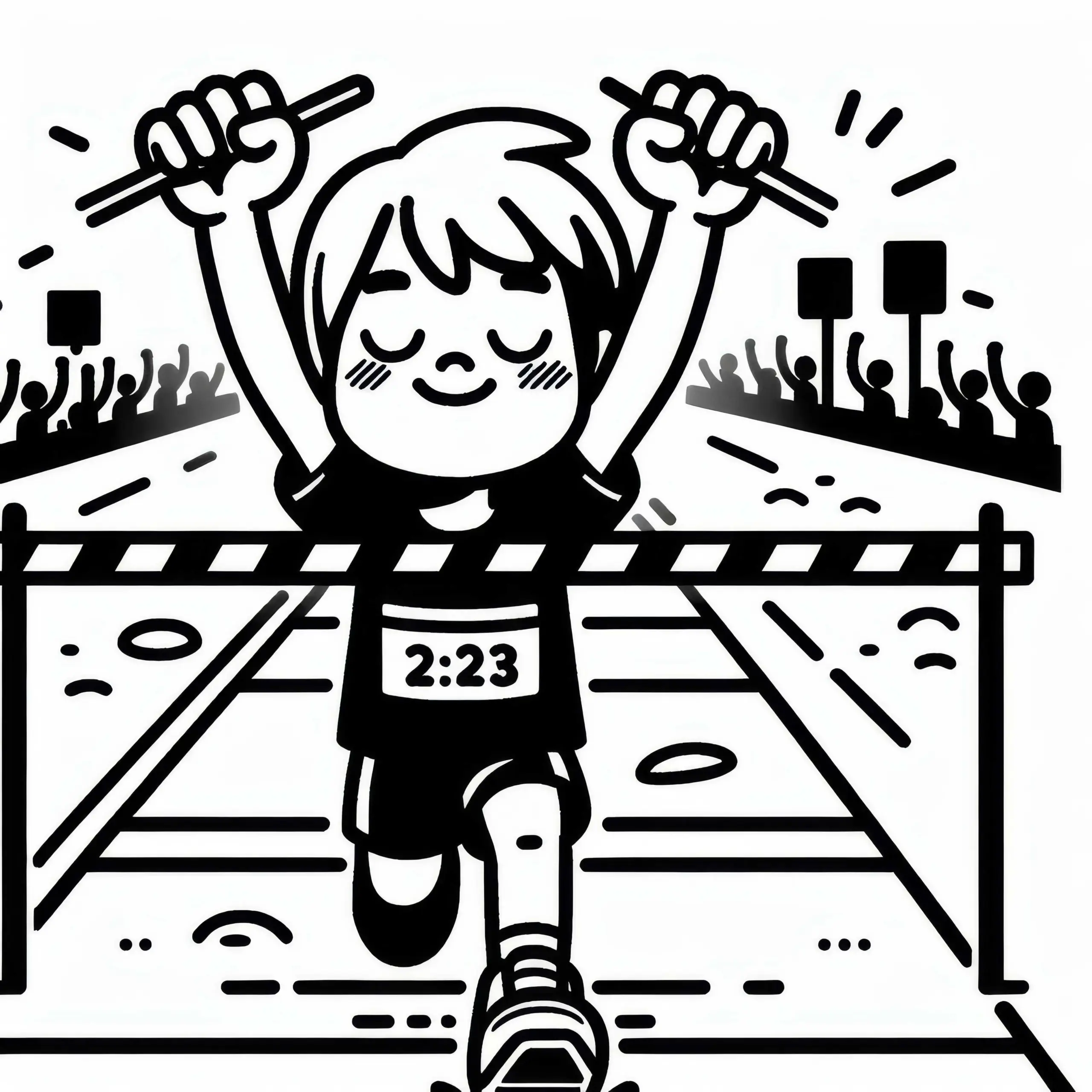 Marathonläufer überquert mit erhobenen Armen die Ziellinie – Ausmalbild kostenlos