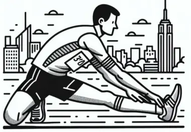 Marathonlauf: Läufer dehnt sich vor dem Marathonstart – Ausmalbild kostenlos
