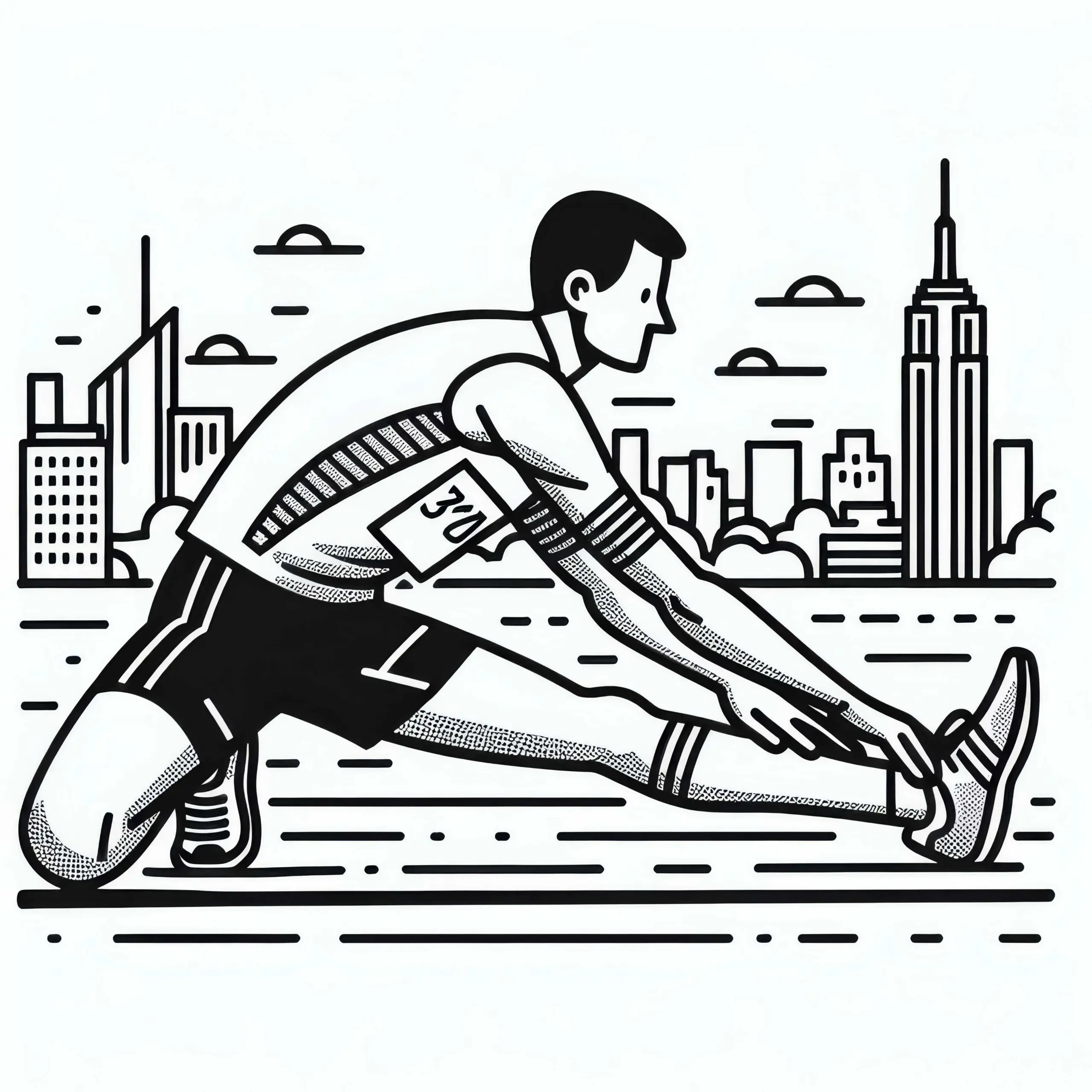 Marathonlauf: Läufer dehnt sich vor dem Marathonstart – Ausmalbild kostenlos