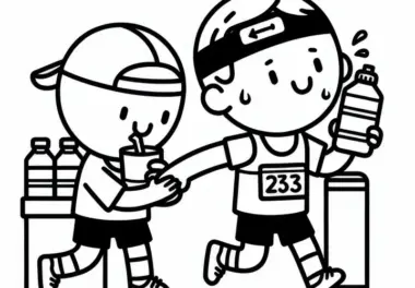 Marathonlauf: Läufer nimmt sich Getränk von Versorgungspunkt – Malvorlage einfach kostenlos