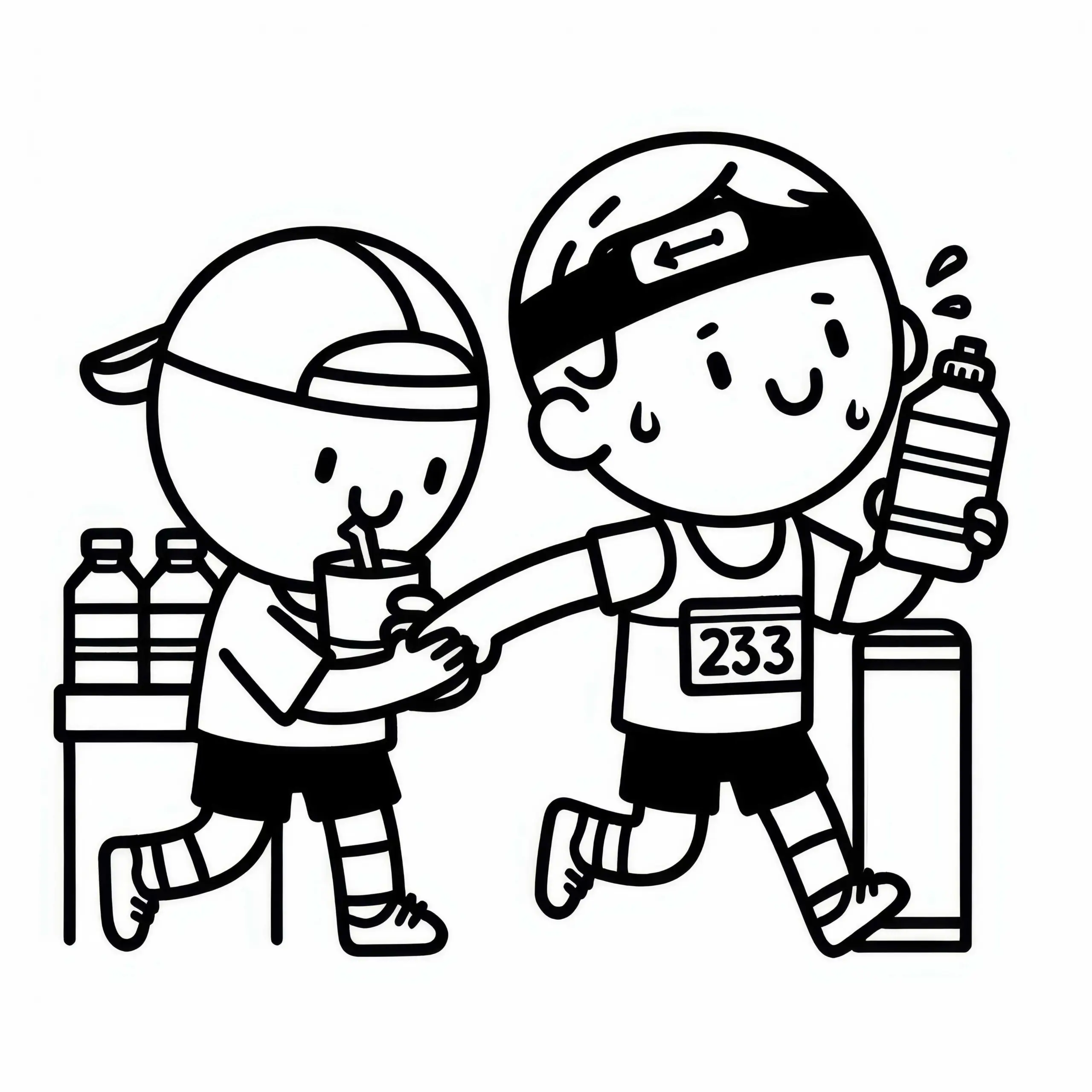 Marathonlauf: Läufer nimmt sich Getränk von Versorgungspunkt – Malvorlage einfach kostenlos (Ausmalbild)