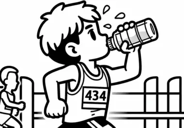 Marathonläufer trinkt Wasser aus Flasche während er weiterläuft – Malvorlage gratis