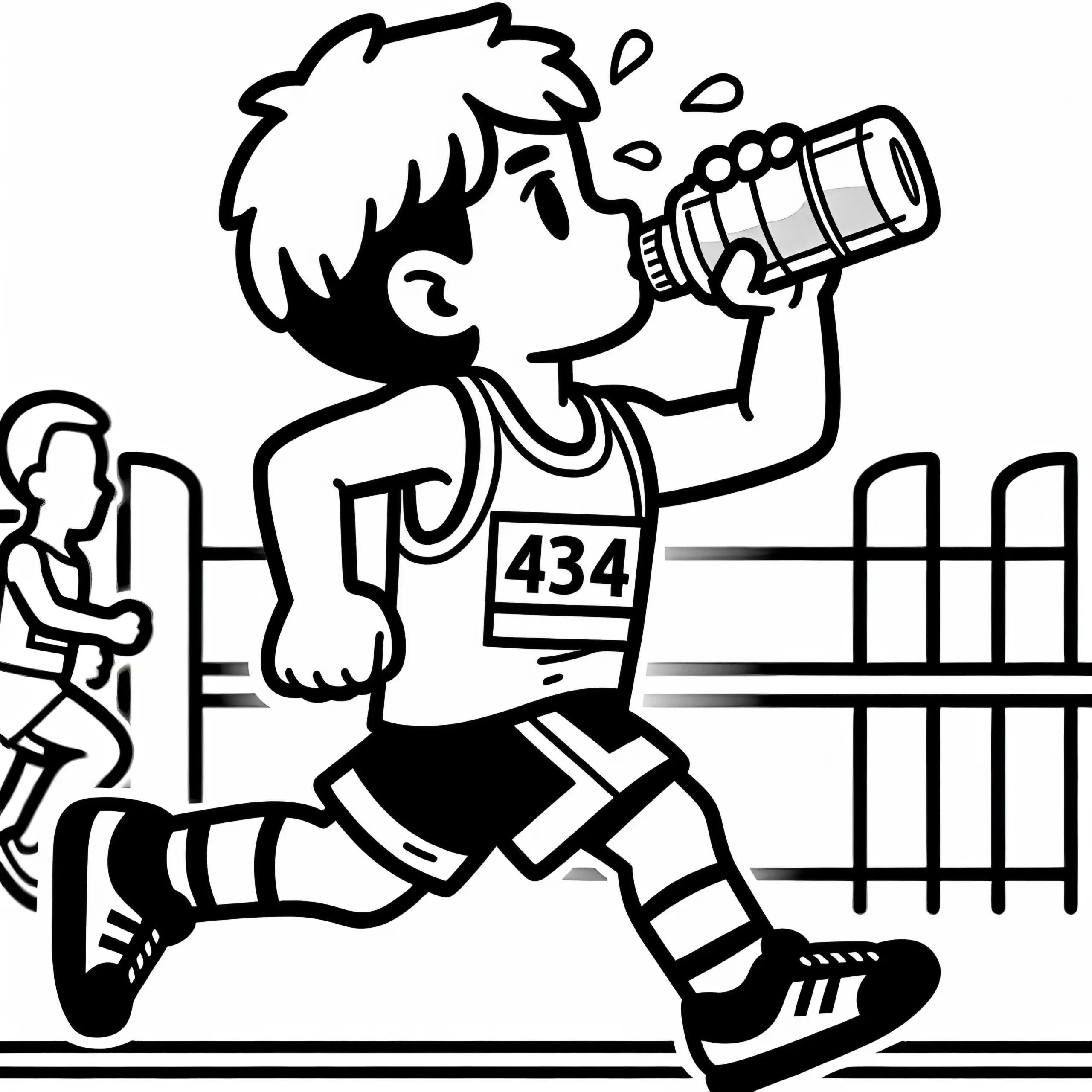 Marathonläufer trinkt Wasser aus Flasche während er weiterläuft – Malvorlage gratis (Ausmalbild)
