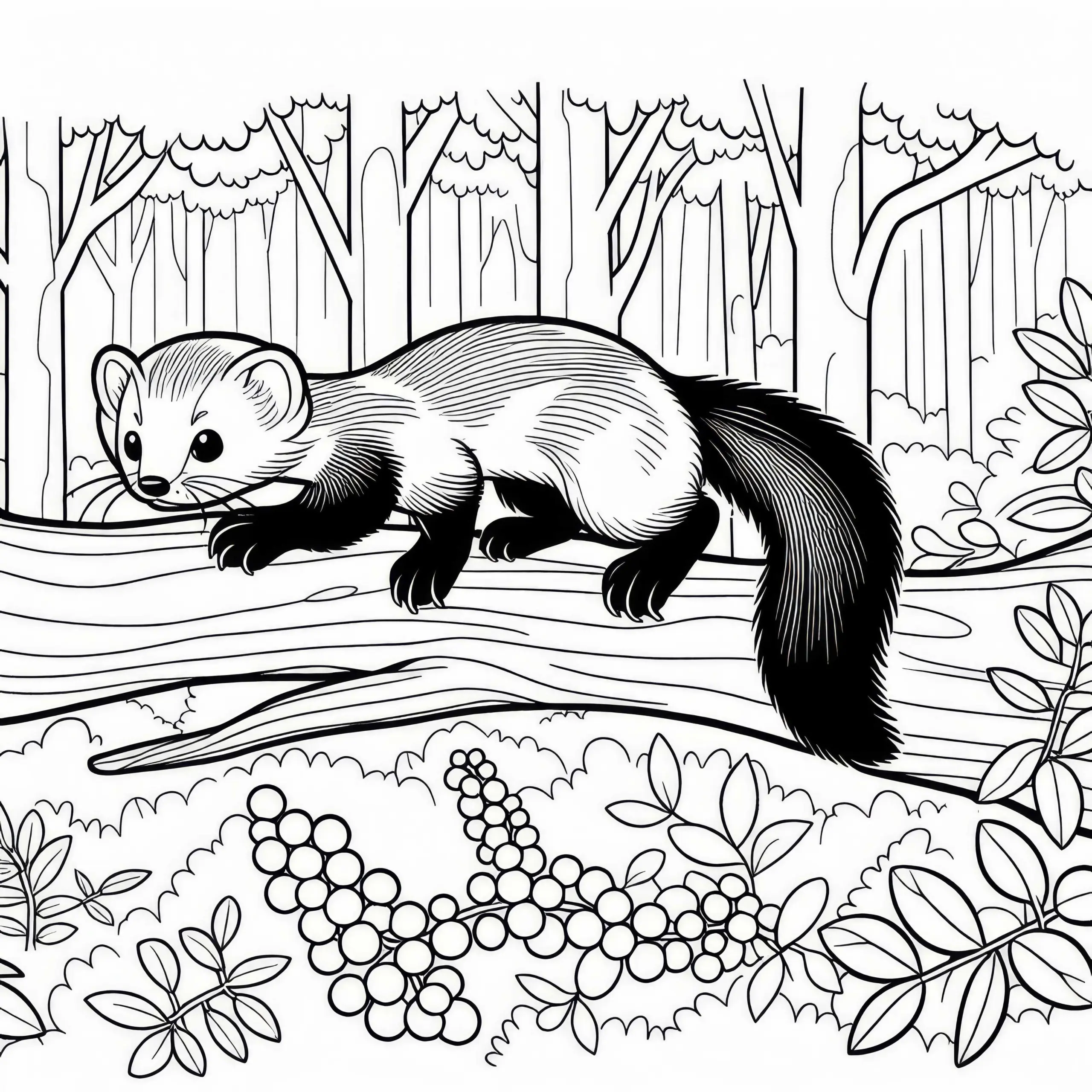 Marder auf einem Ast im Wald: Einfache Malvorlage (Kostenlos) (Ausmalbild)