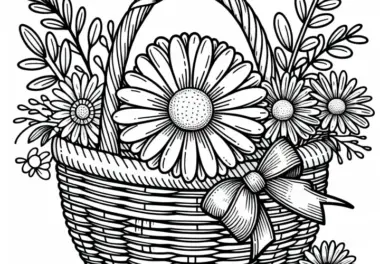 Ausmalbild einer Margerite im Weidekorb mit Schleife – Malvorlage für Sommerblumen gratis