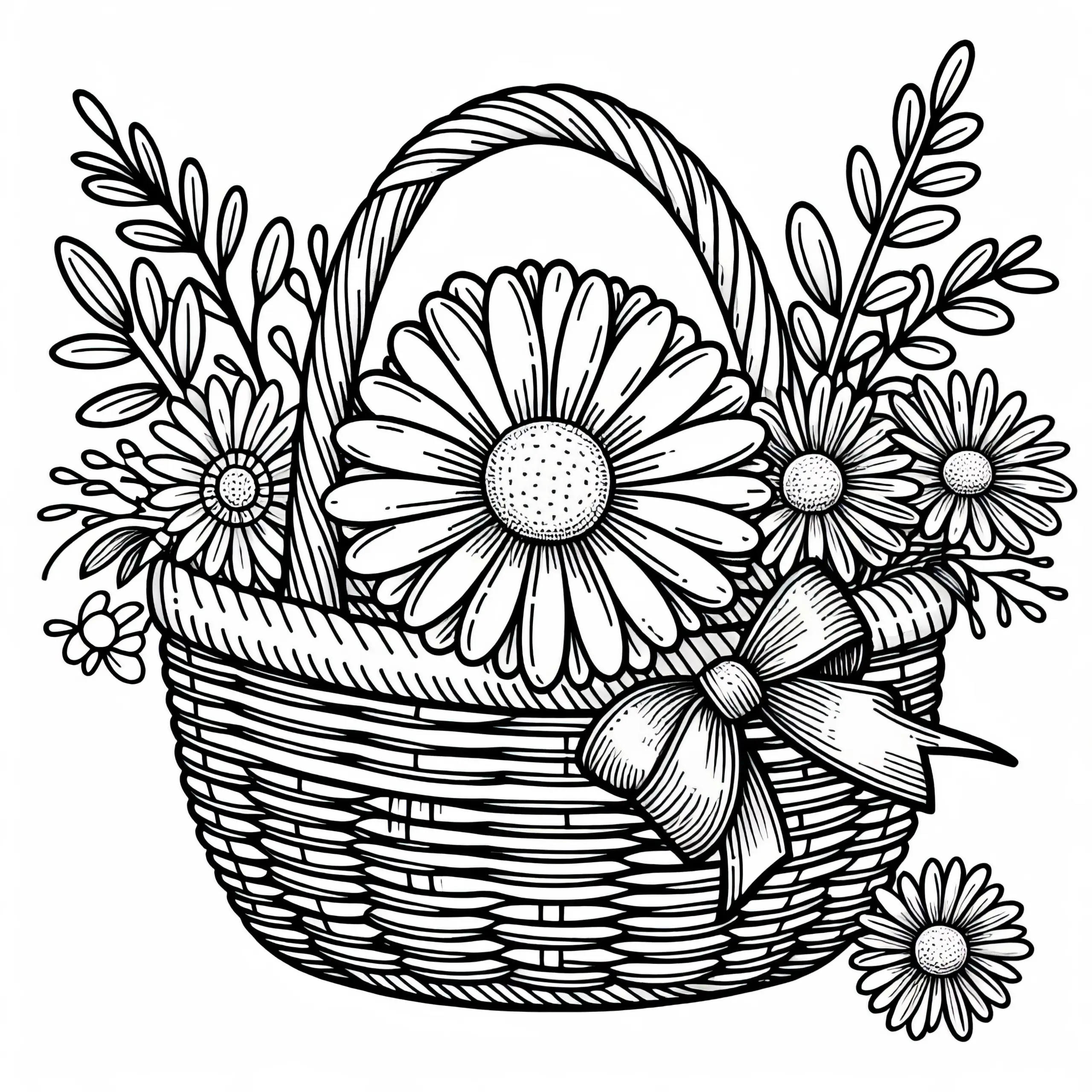 Ausmalbild einer Margerite im Weidekorb mit Schleife – Malvorlage für Sommerblumen gratis