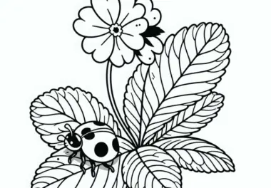 Marienkäfer auf Blatt der Blume Primel – Ausmalbild kostenlos