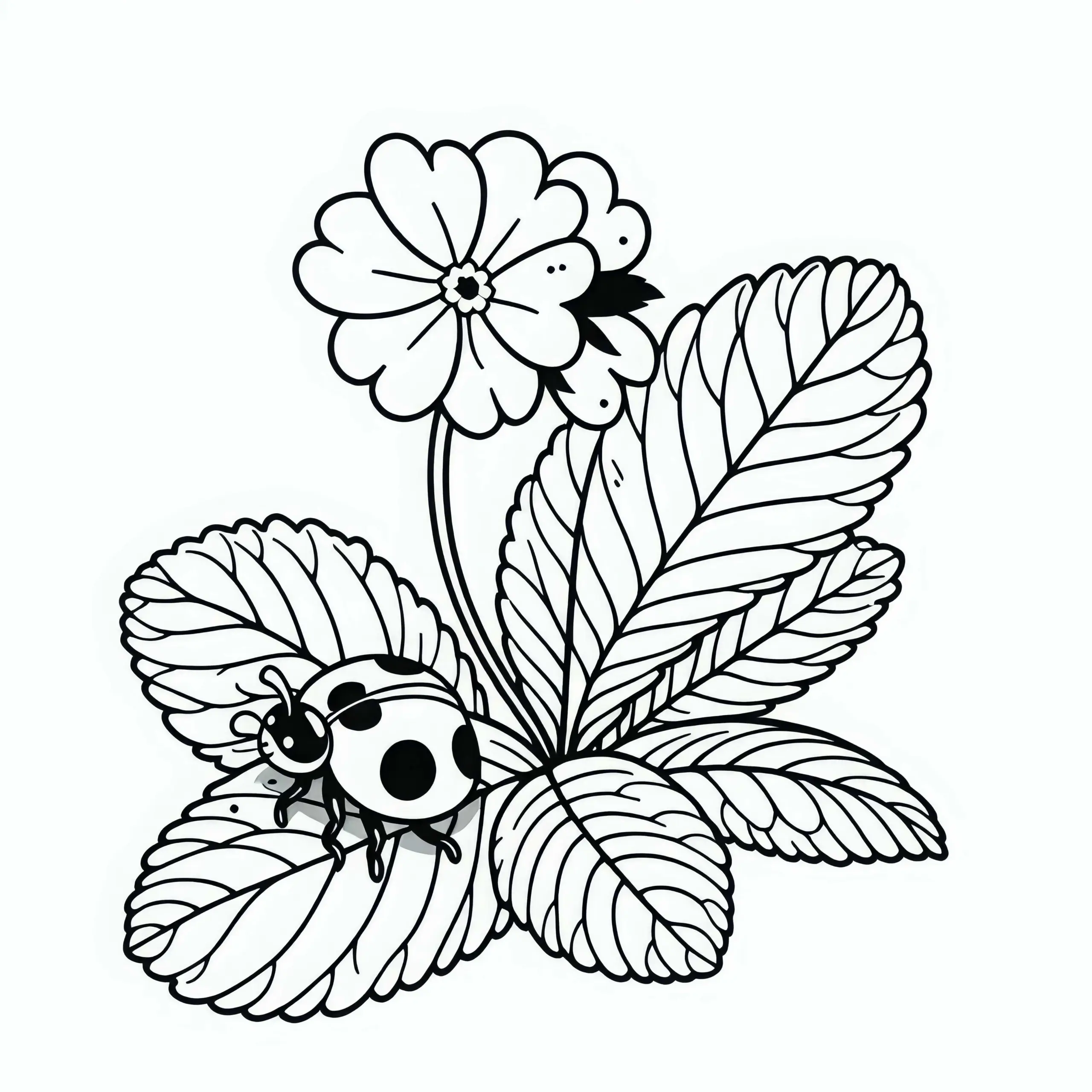 Marienkäfer auf Blatt der Blume Primel – Ausmalbild kostenlos