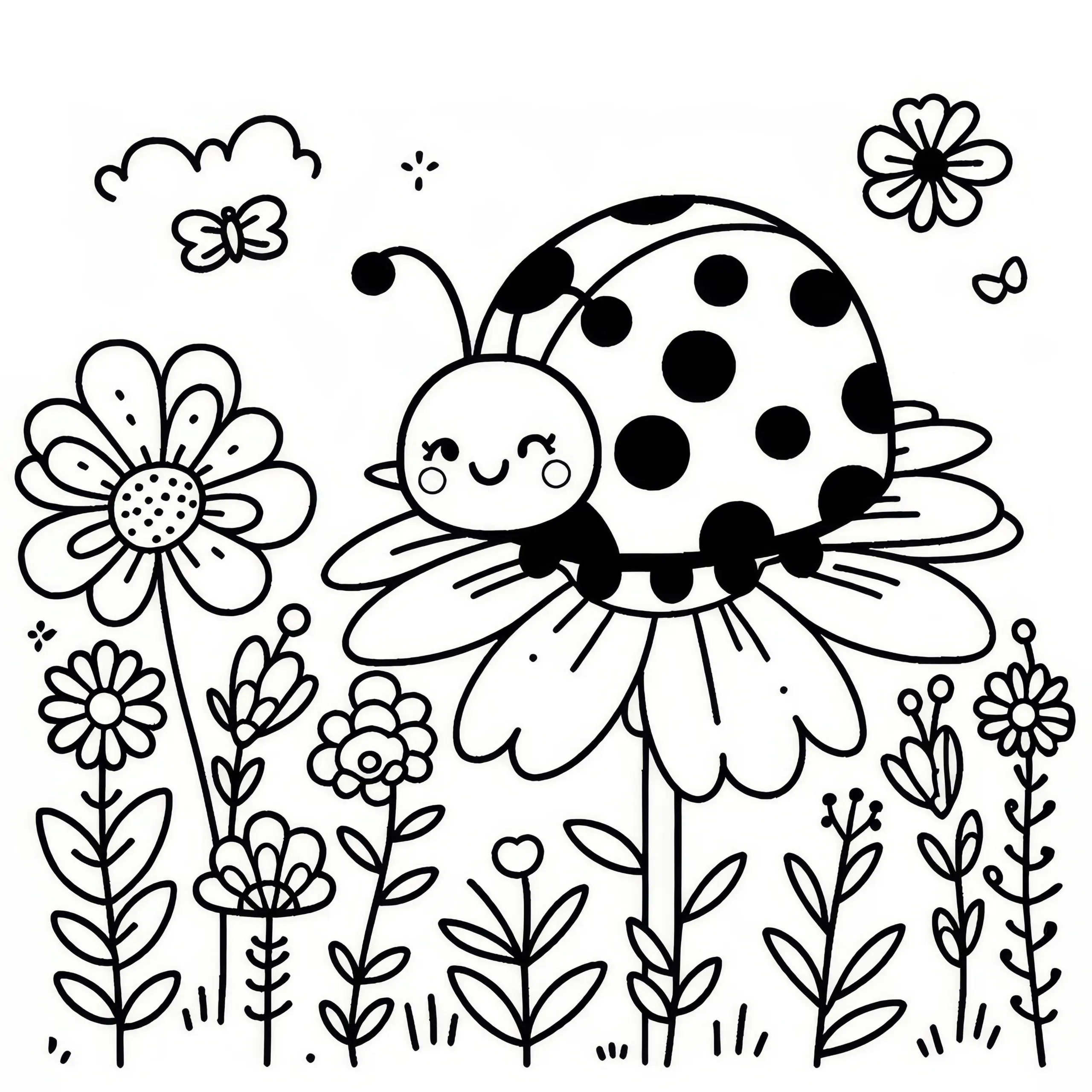 Marienkäfer auf Blume: kostenlose Frühlings-Malvorlage (Ausmalbild)