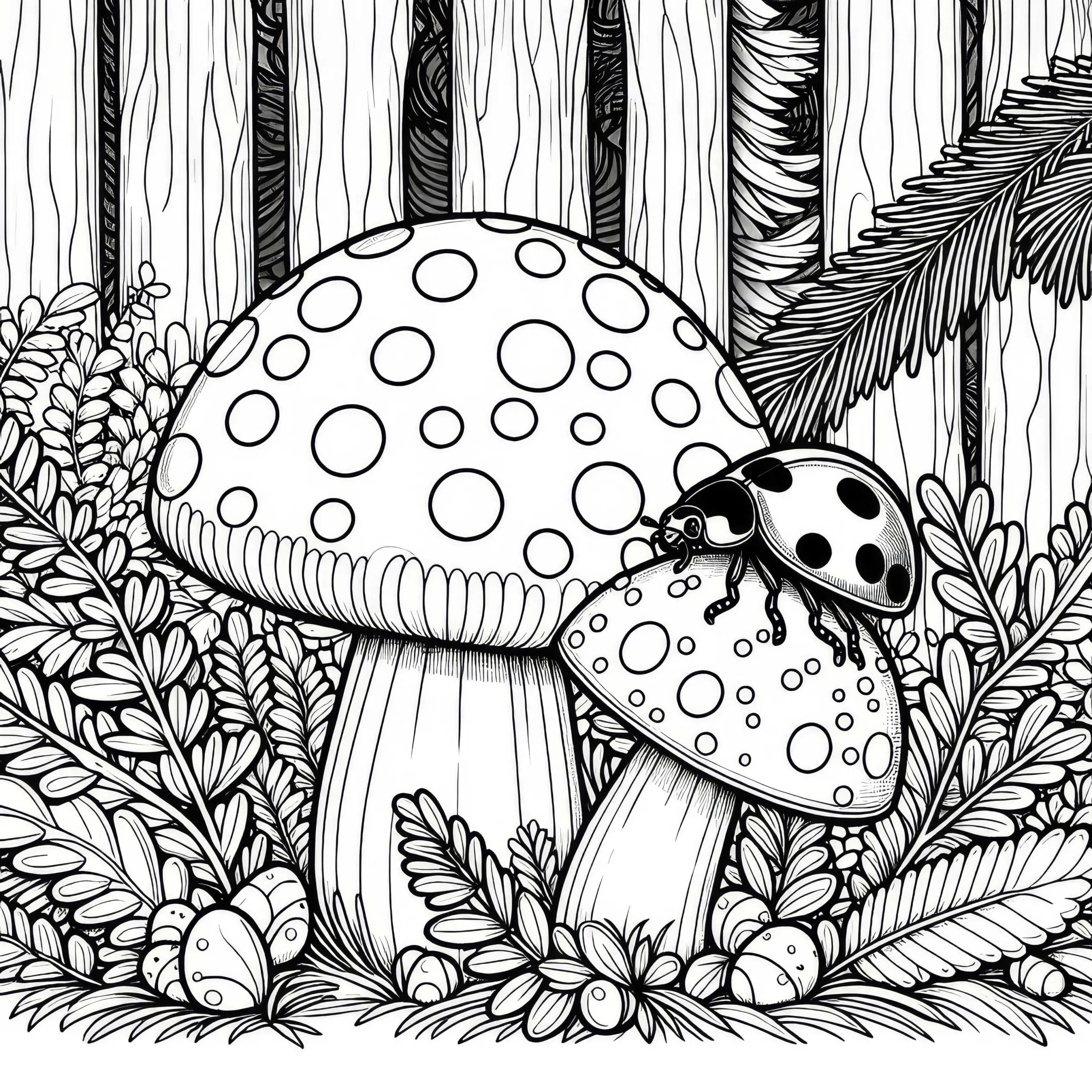 Marienkäfer krabbelt über kleinen Pilz im Wald: Ausmalbild zum Herunterladen (Kostenlos)