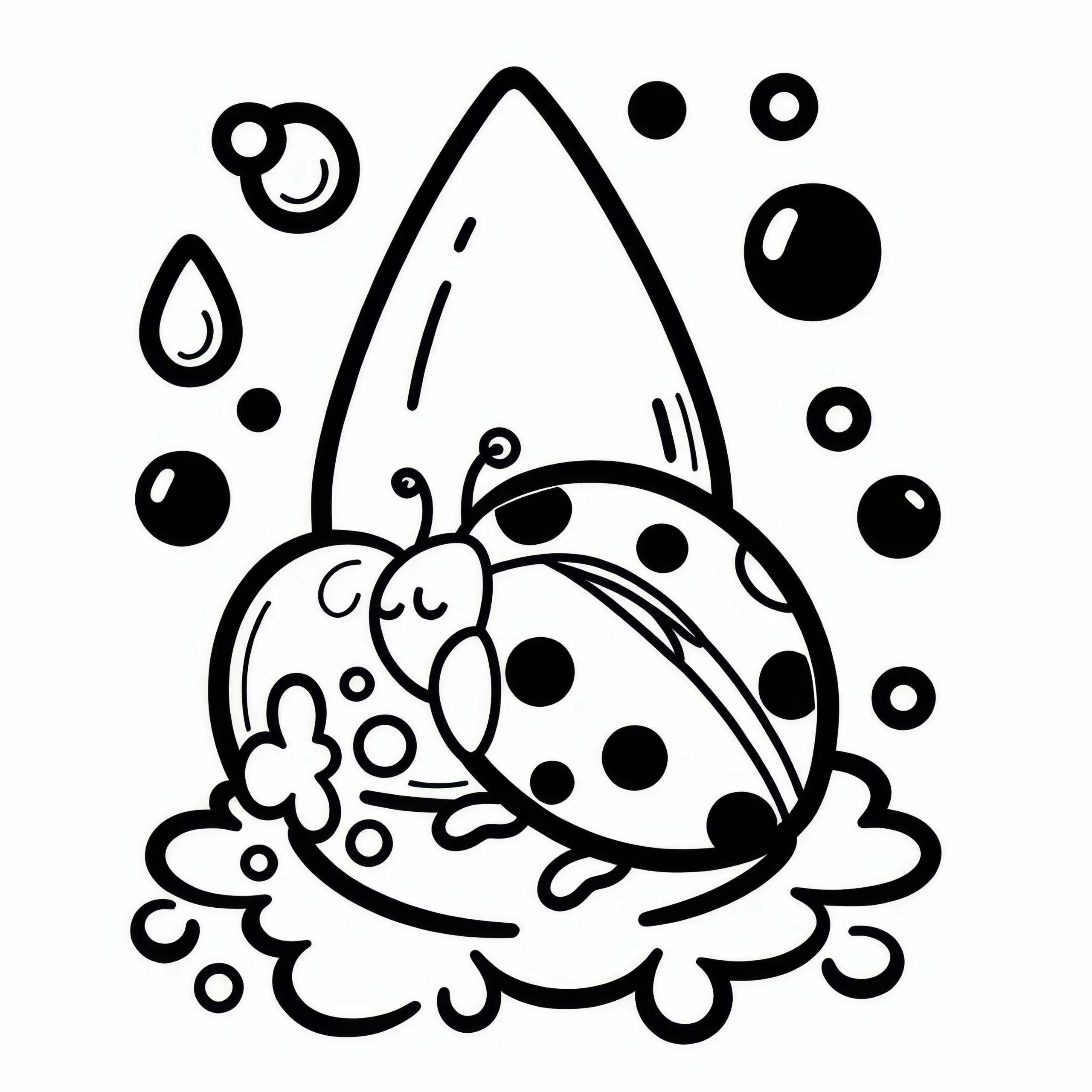 Marienkäfer ruht sich auf Wassertropfen aus: Malvorlage zum Herunterladen (Kostenlos) (Ausmalbild)