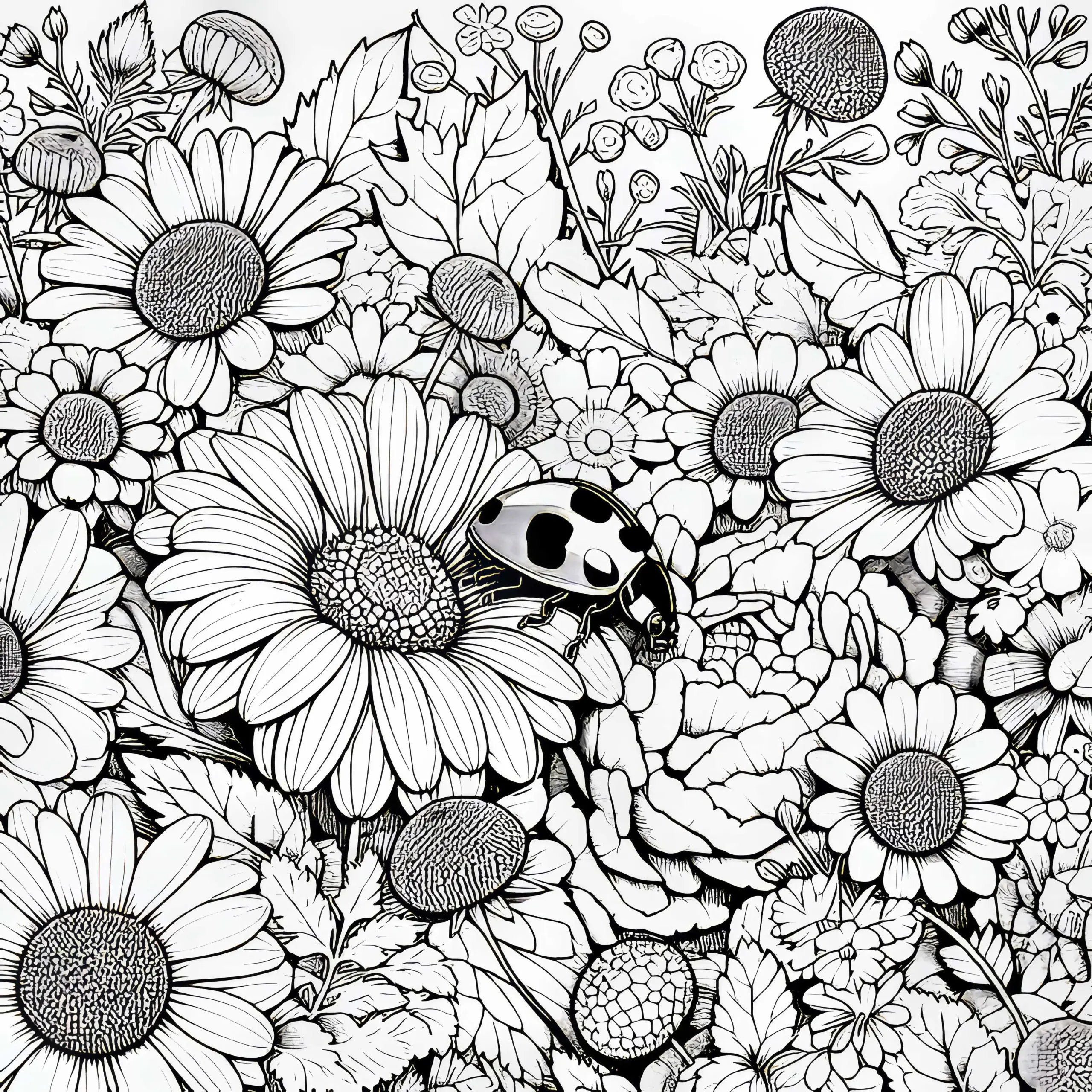 Marienkäfer versteckt sich zwischen Blumen als Ausmalbild (Gratis)