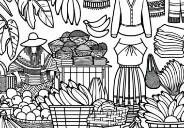 Markt mit Bananen, Tüchern und Körben als Malvorlage aus Südamerika