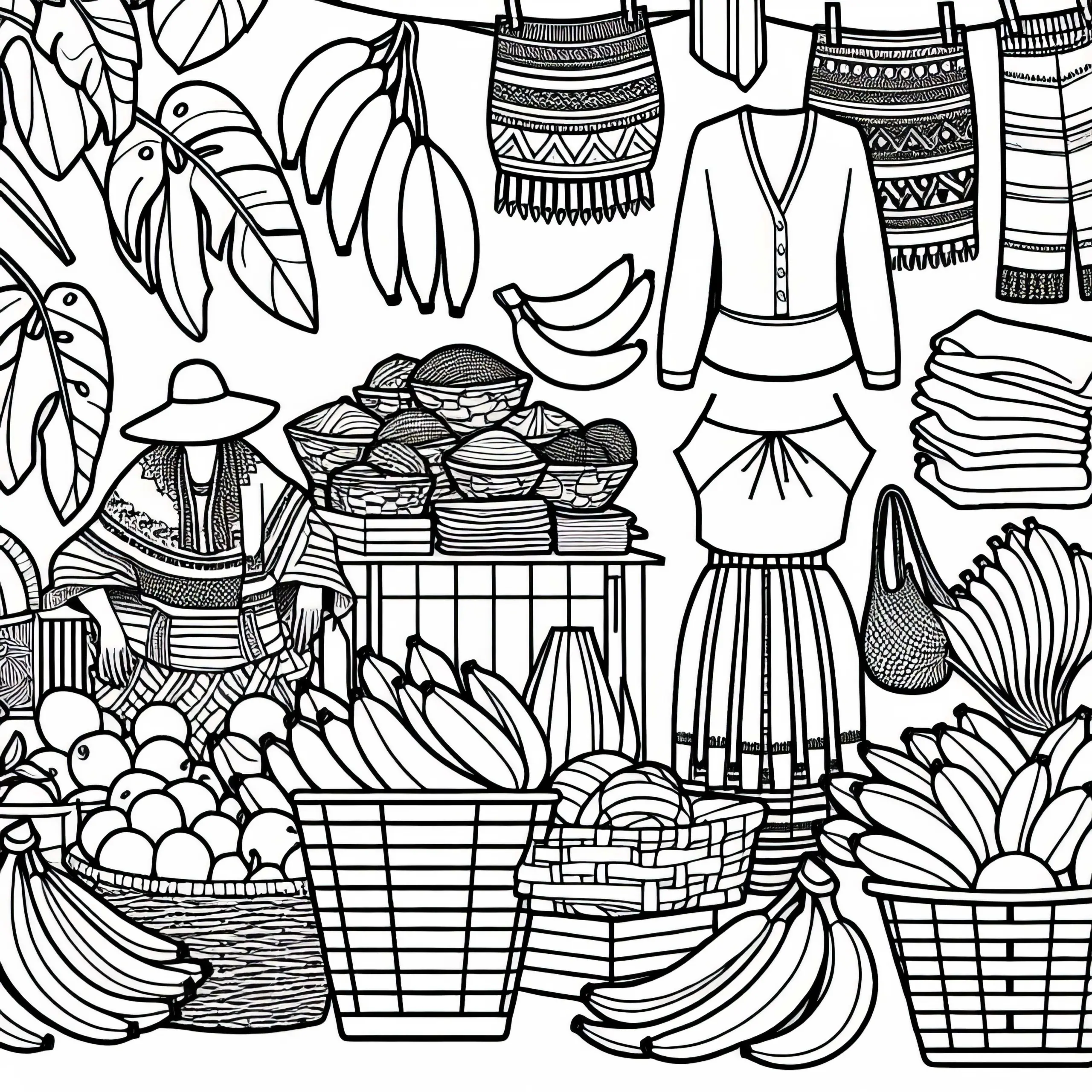 Markt mit Bananen, Tüchern und Körben als Malvorlage aus Südamerika (Ausmalbild)