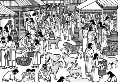 Markt mit Menschen und Tieren Malvorlage Mesopotamien gratis