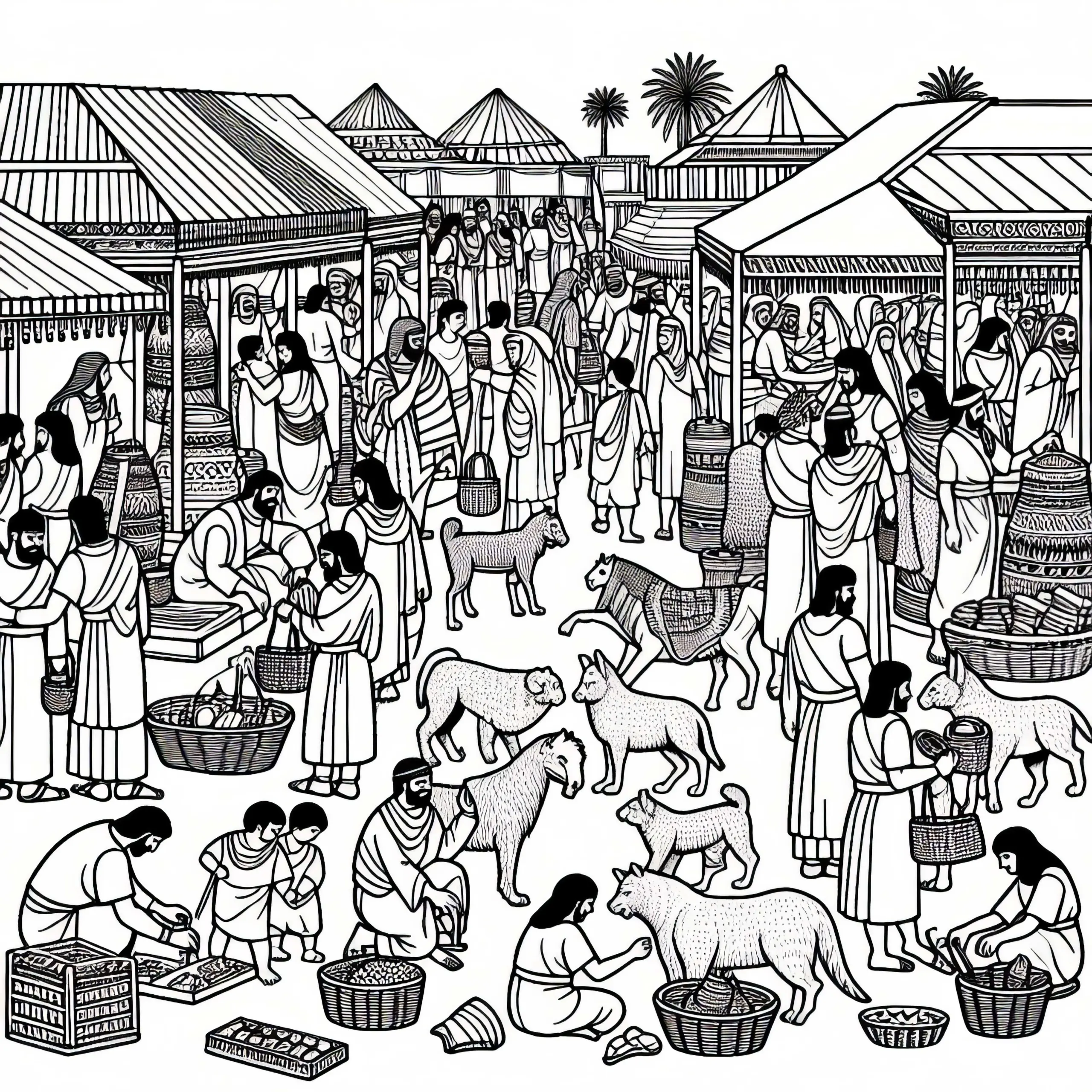 Markt mit Menschen und Tieren Malvorlage Mesopotamien gratis (Ausmalbild)