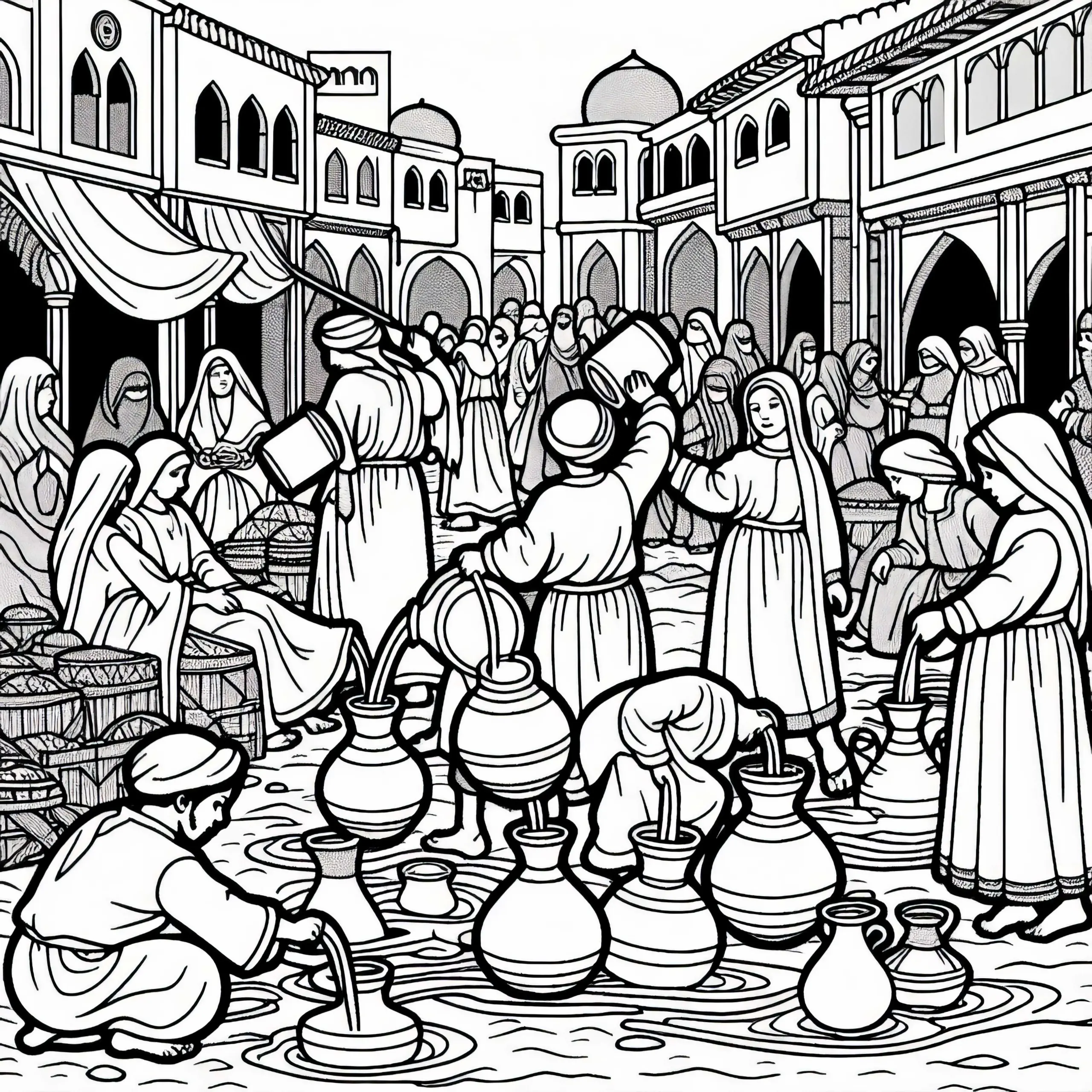 Marktplatz auf dem Kinder Wasserkrüger holen – Ausmalbild Schwarzer Tod gratis
