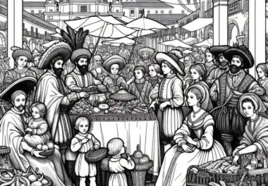 Marktplatz mit exotischen Waren – Ausmalbild aus dem goldenen Zeitalter Spaniens