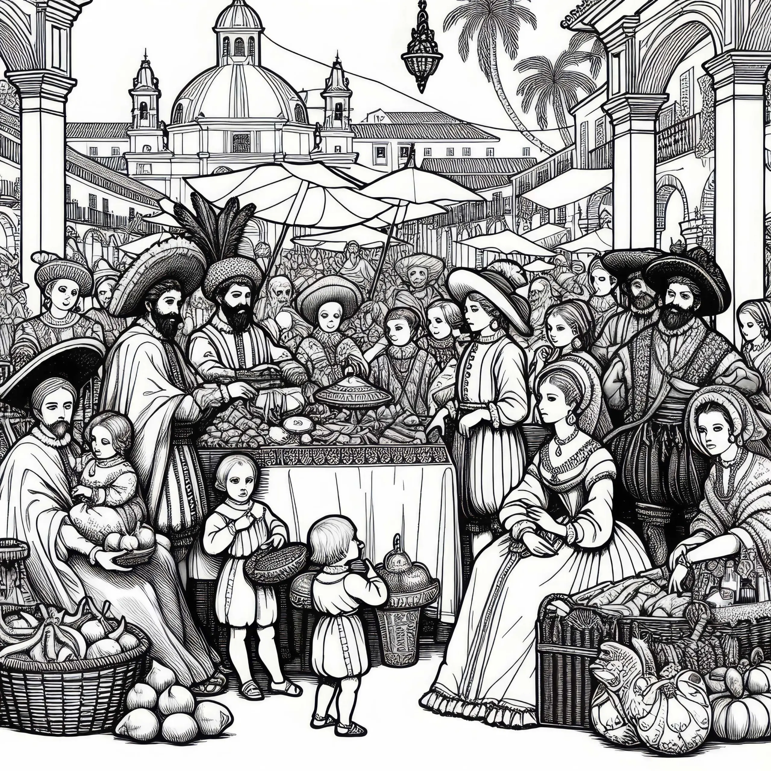 Marktplatz mit exotischen Waren – Ausmalbild aus dem goldenen Zeitalter Spaniens
