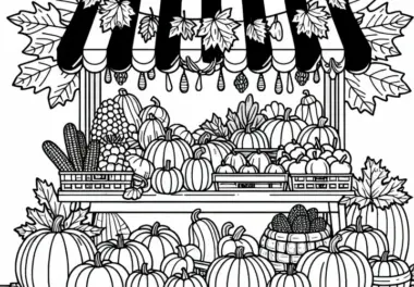 Marktstand mit Obst und Gemüse und herbstlicher Dekoration – Ausmalbild zum Download