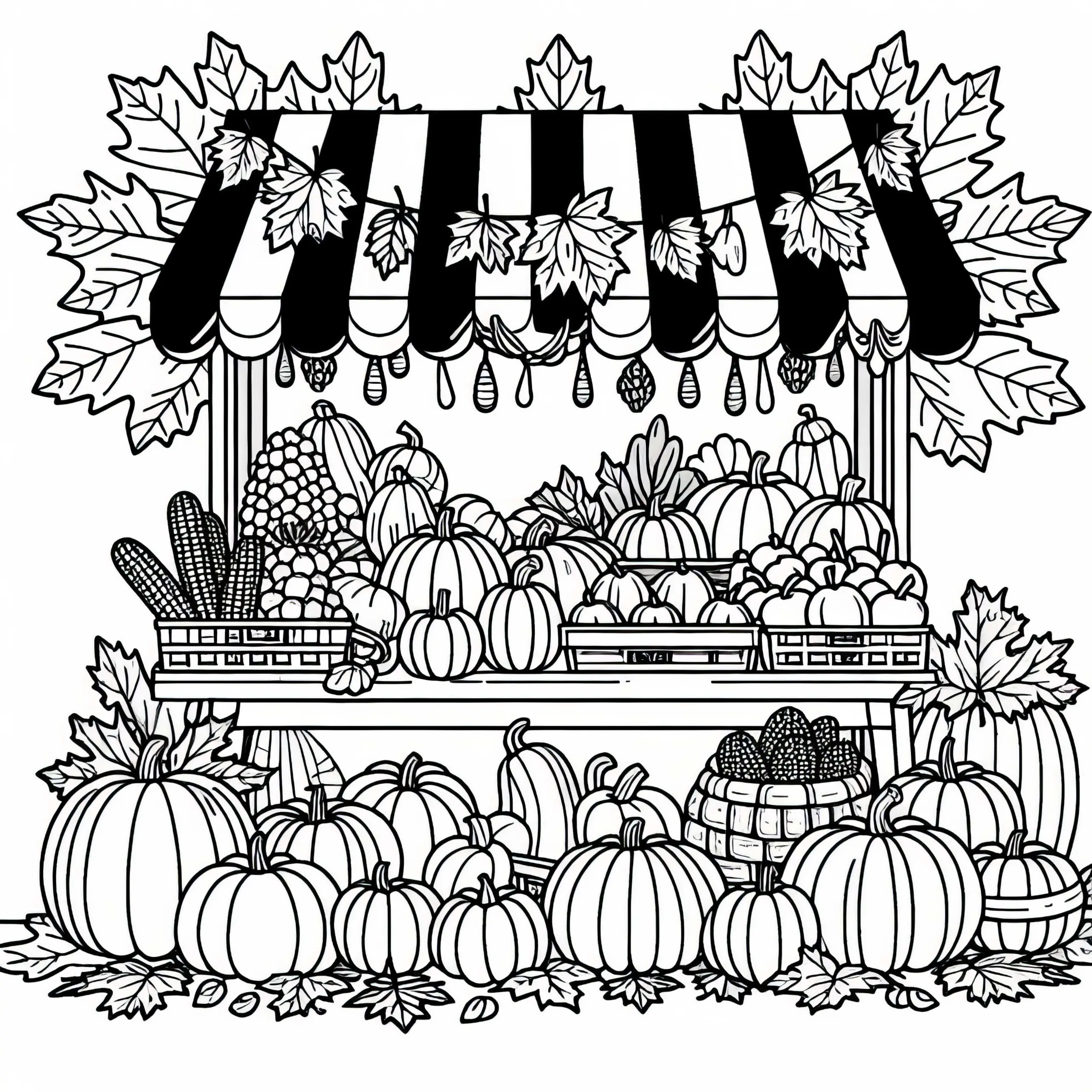 Marktstand mit Obst und Gemüse und herbstlicher Dekoration – Ausmalbild zum Download