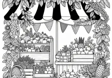 Marktstand mit Sommerfrüchten und Blumen im Juli: Gratis Ausmalbild