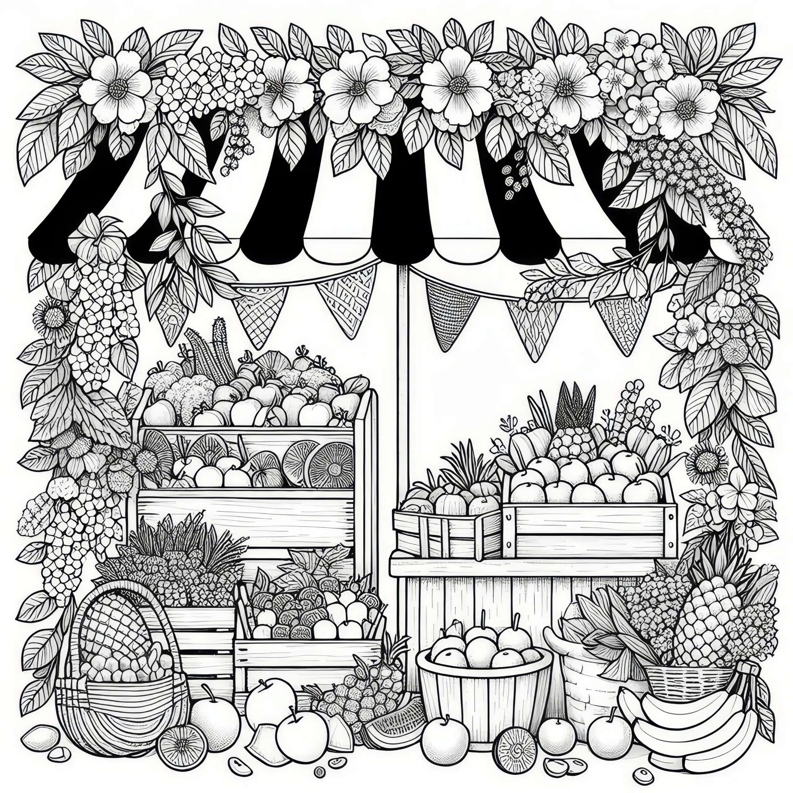 Marktstand mit Sommerfrüchten und Blumen im Juli: Gratis Ausmalbild