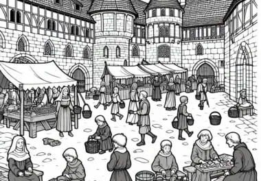 Markttag im Burghof: Gratis Mittelalter-Malvorlage