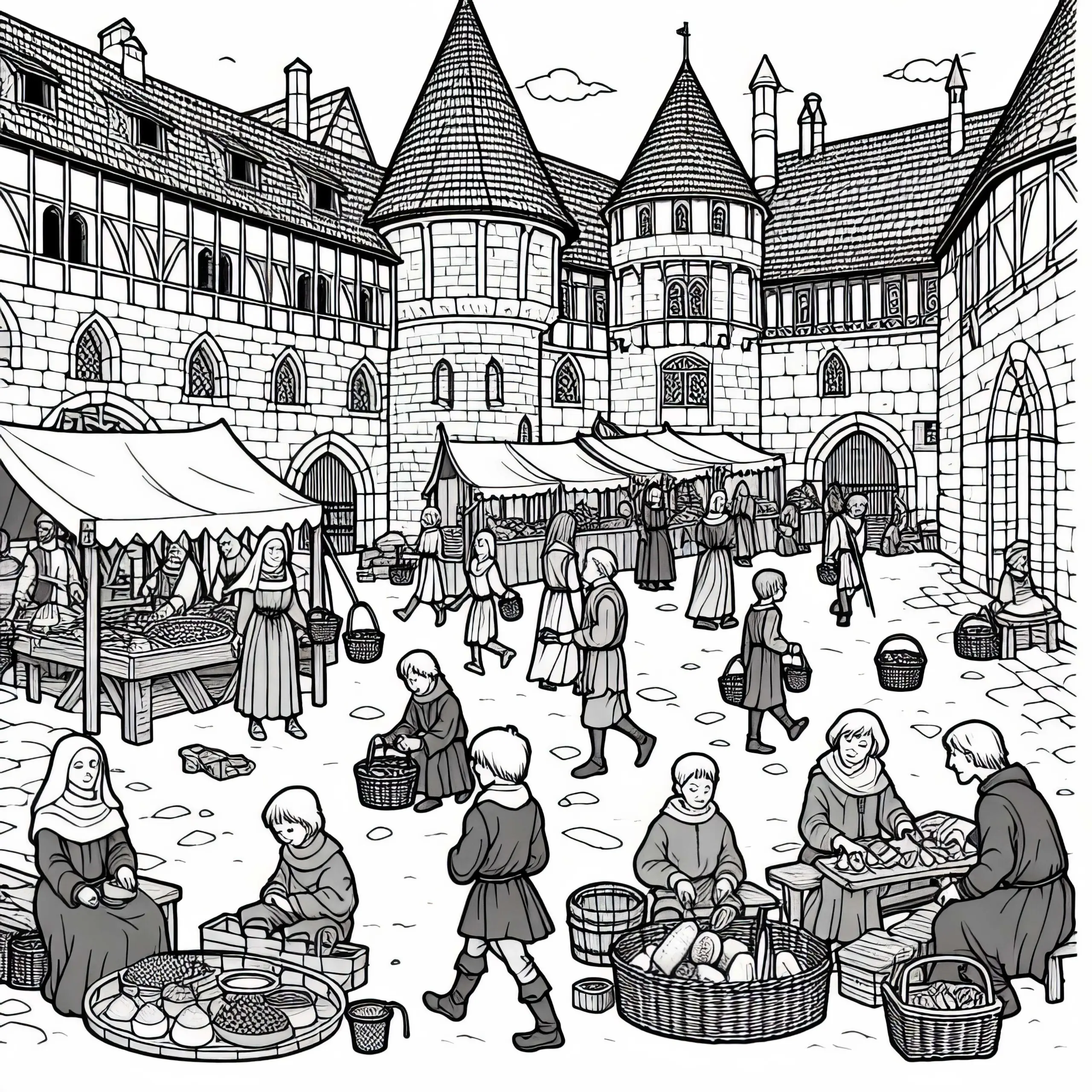 Markttag im Burghof: Gratis Mittelalter-Malvorlage (Ausmalbild)