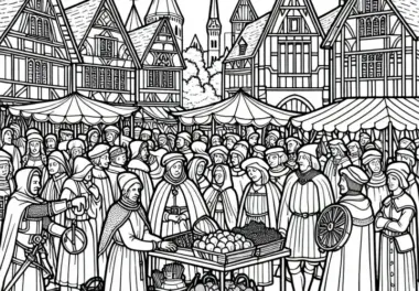 Ausmalbild Markttag in Karolingerstadt mit Karl dem Großen kostenlos herunterladen