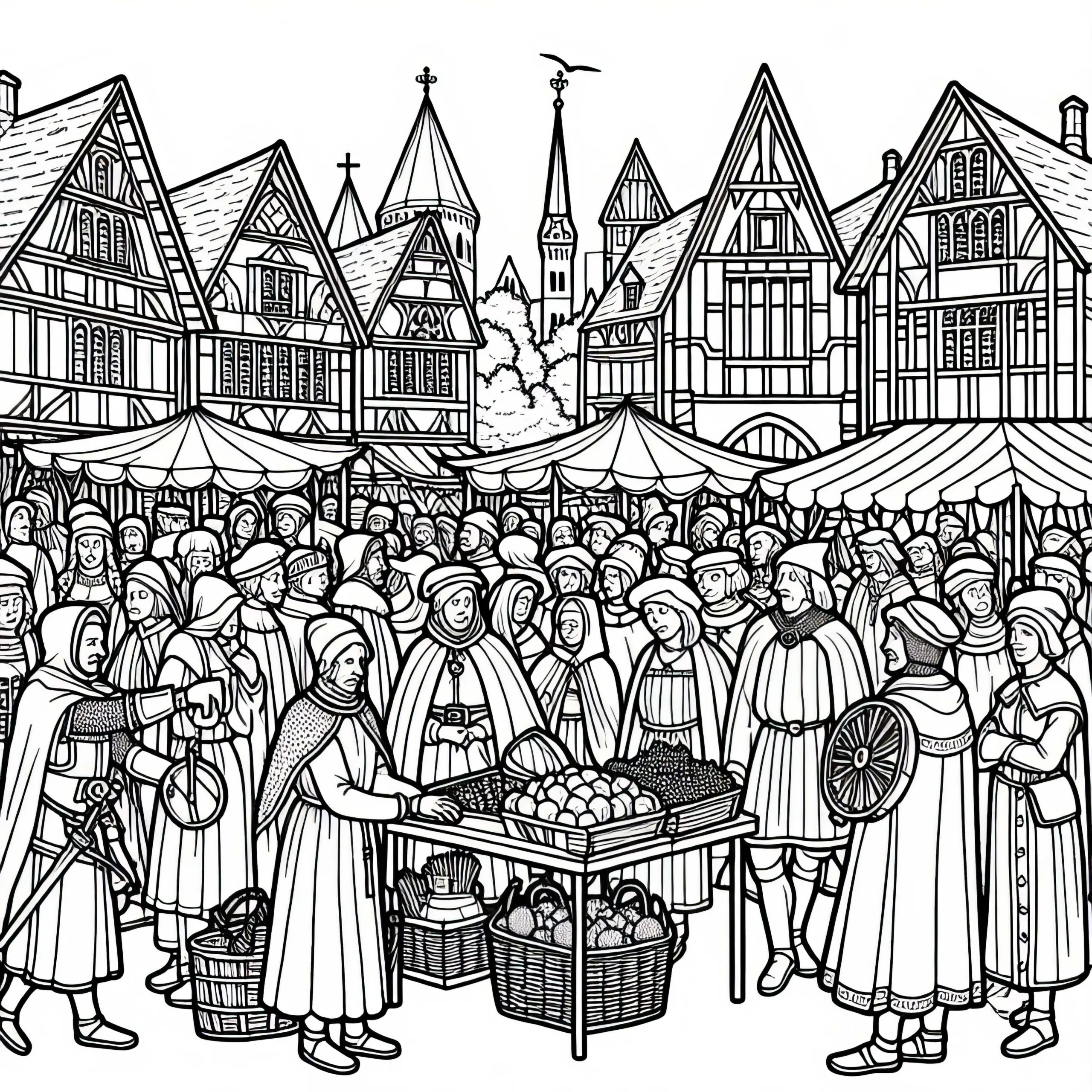 Ausmalbild Markttag in Karolingerstadt mit Karl dem Großen kostenlos herunterladen