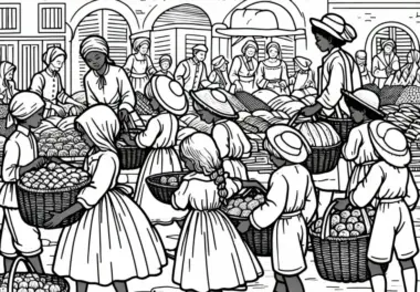 Markttag: Kinder helfen beim Tragen von Körben – Malvorlage Kolonialzeit Kostenlos