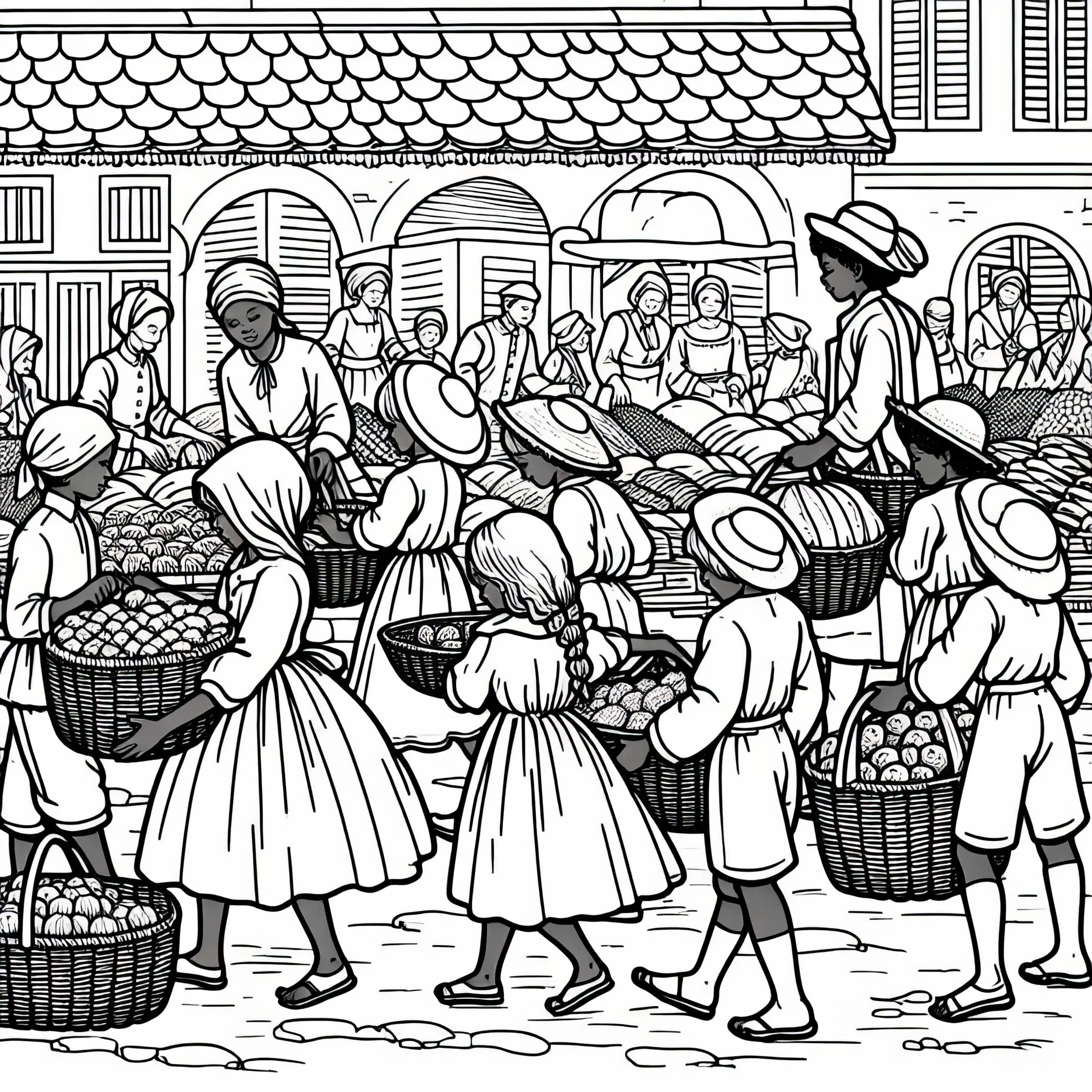 Markttag: Kinder helfen beim Tragen von Körben – Malvorlage Kolonialzeit Kostenlos (Ausmalbild)