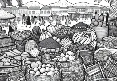 Markttag mit Obst, Gewürzen und Körben – Ausmalbild Afrika kostenlos