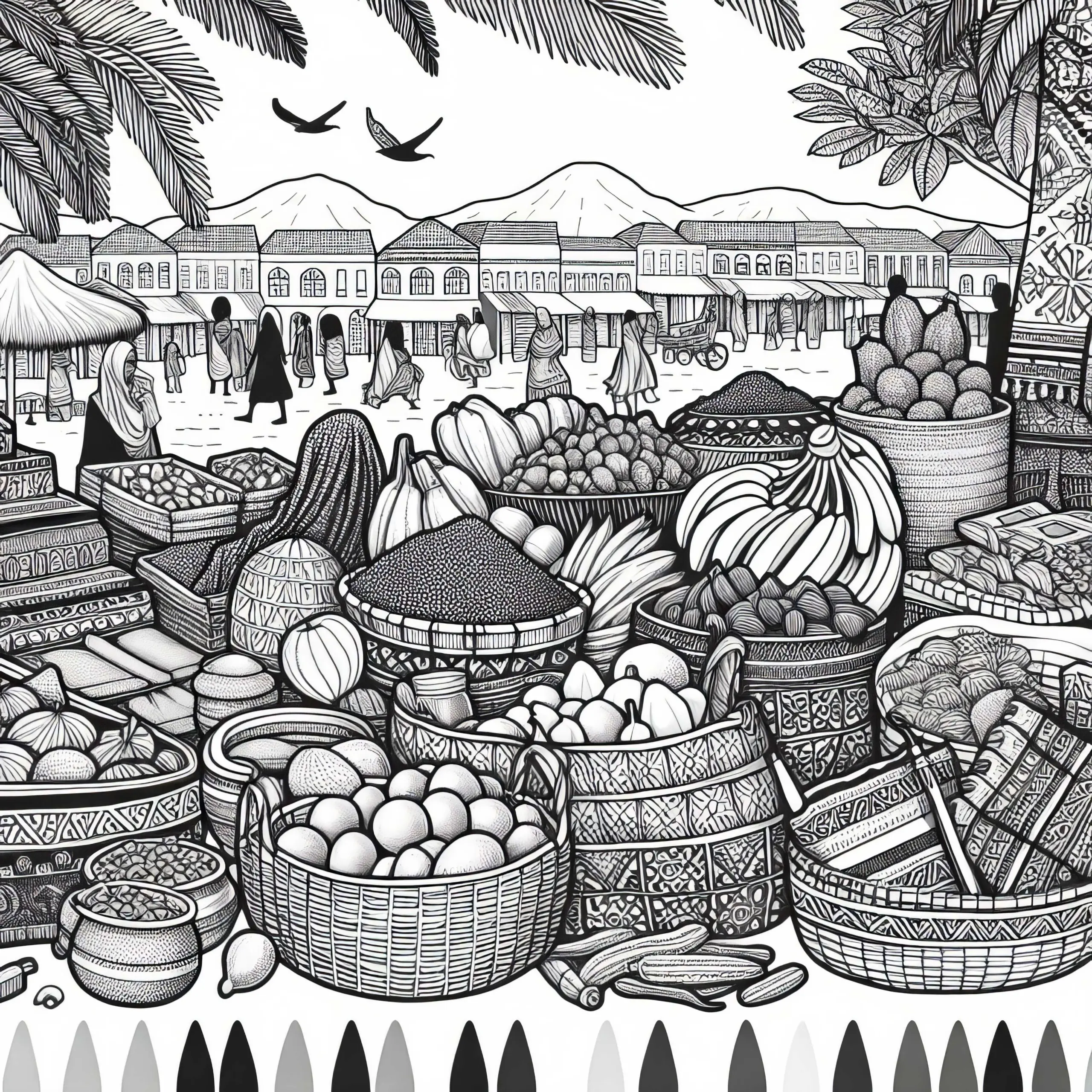 Markttag mit Obst, Gewürzen und Körben – Ausmalbild Afrika kostenlos