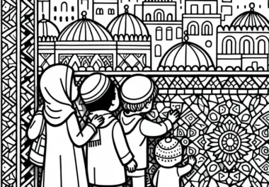 Kinder bestaunen Mosaikfliesen in Marrakesch – Ausmalbild kostenlos