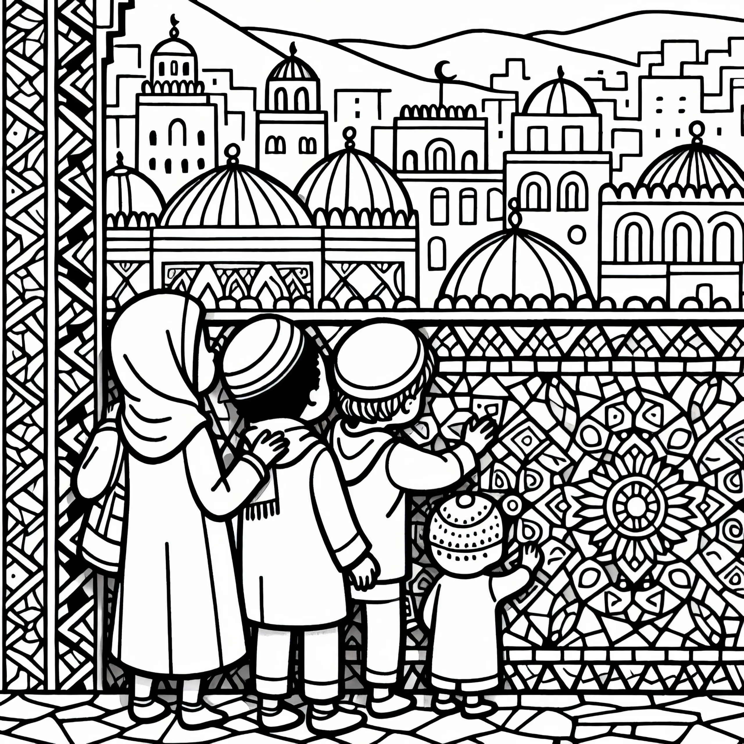 Kinder bestaunen Mosaikfliesen in Marrakesch – Ausmalbild kostenlos