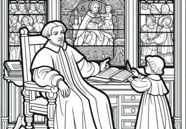 Martin Luther am Schreibtisch – Ein Kind bringt frisches Papier als Malvorlage zur Reformation