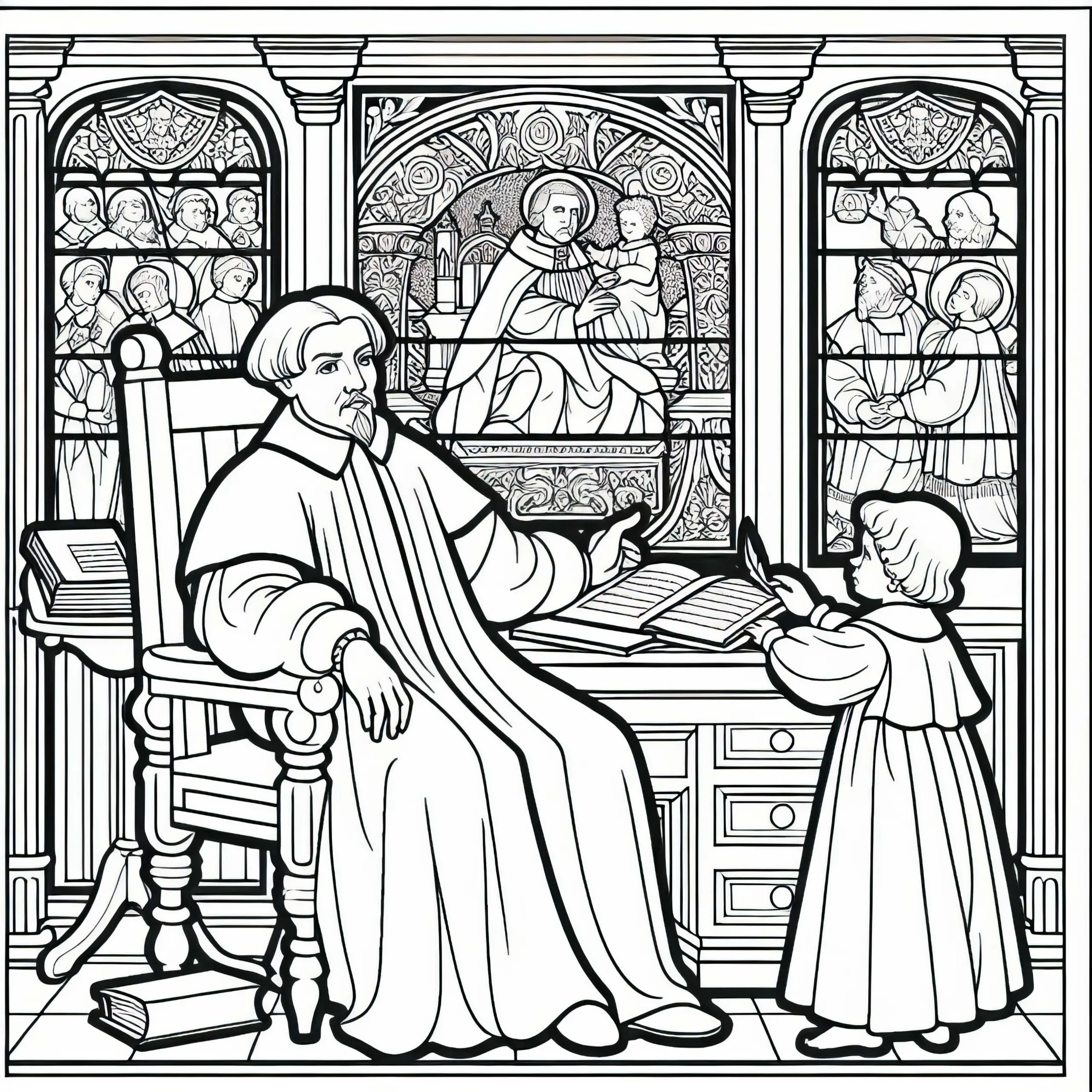 Martin Luther am Schreibtisch – Ein Kind bringt frisches Papier als Malvorlage zur Reformation (Ausmalbild)
