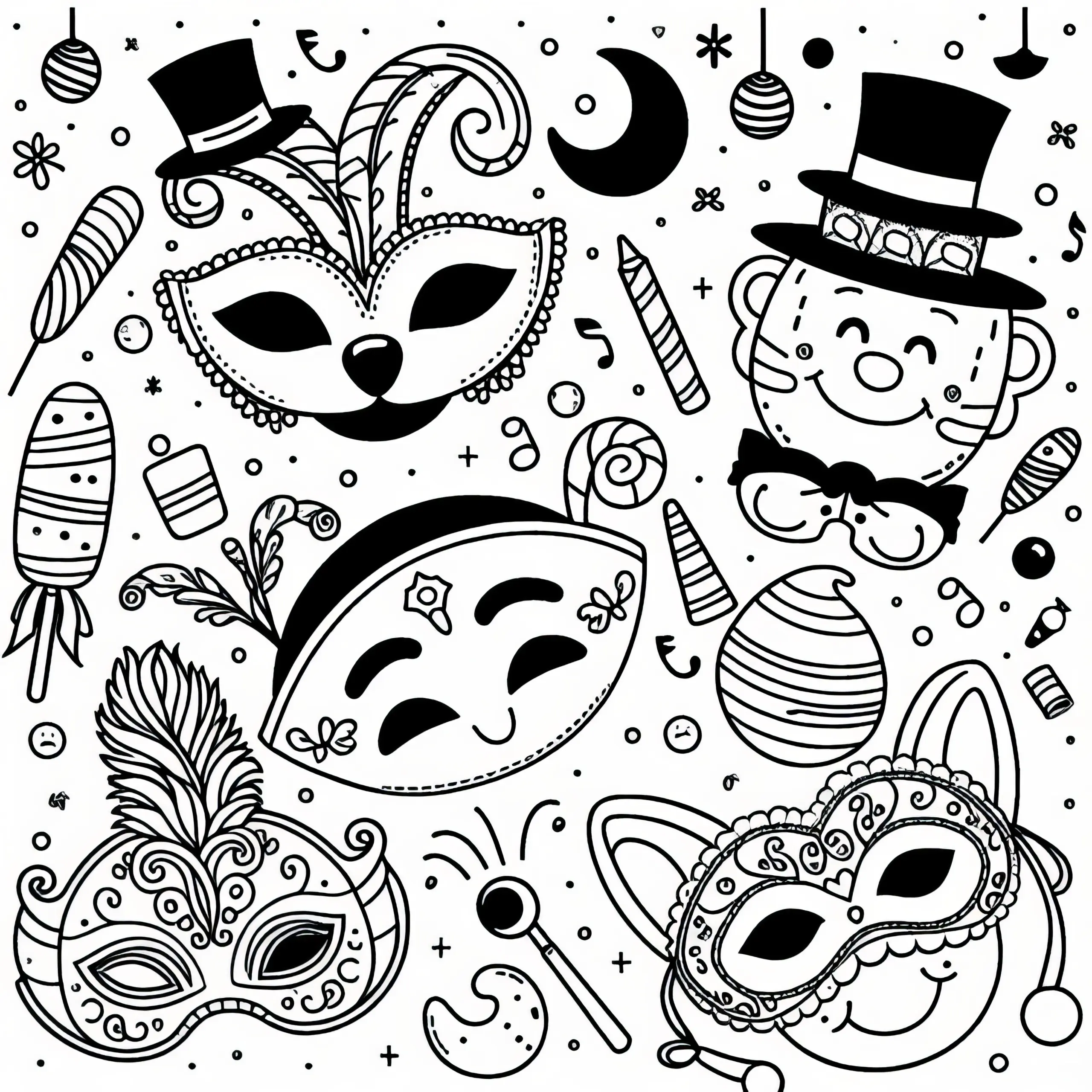 Masken und Hüte als typische Karnevalsmotive im Februar: Malvorlage zum Download (Gratis) (Ausmalbild)