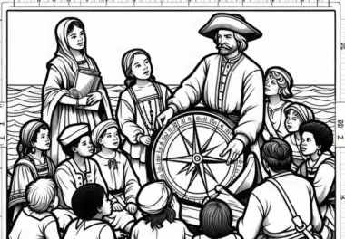 Matrose erklärt Kindern, wie Kompass funktioniert – Ausmalbild Entdeckung Amerikas gratis